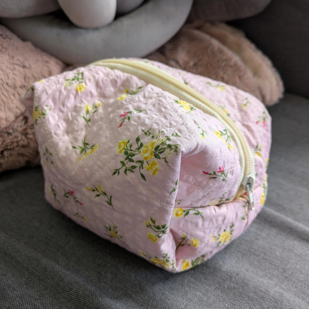 pink ditsy floral makeup bag
