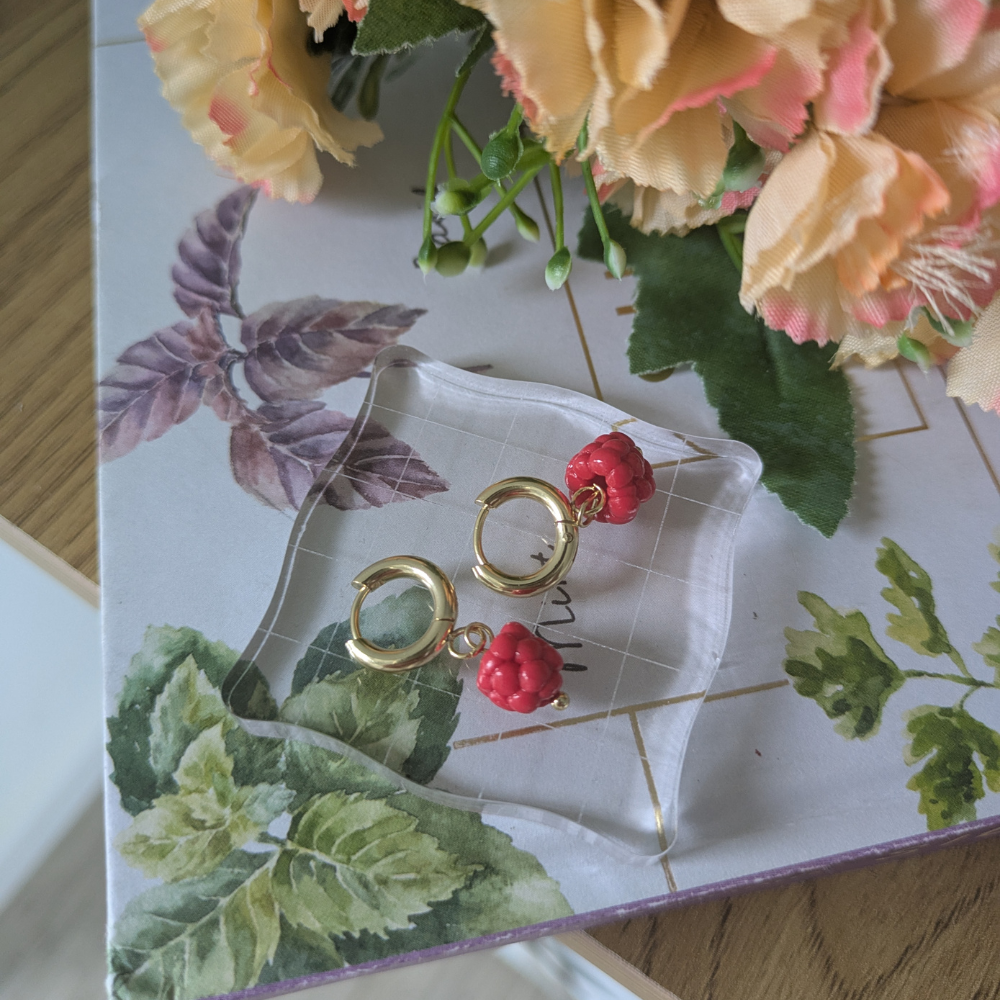 Raspberry Charm Gold Hoop Earrings